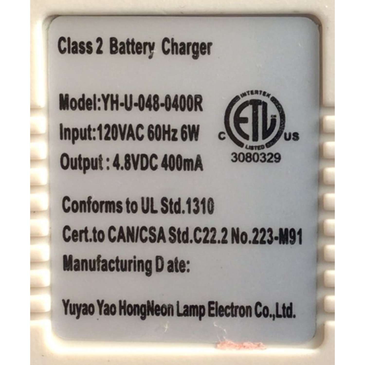 CARGADOR / ADAPTADOR DE FUENTE DE ALIMENTACION / NUMERO DE PARTE YH-U-048-0400R / ENTRADA VCA 120V 60HZ 6W / SALIDA VCD 4.8V 400MA / MODELO YH-U-048-0400R - Imagen 2